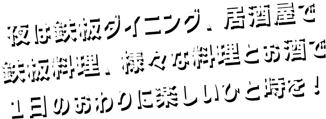 夜は、鉄板ダイニング、居酒屋で、鉄板料理、様々な料理とお酒で1日のおわりに楽しいひと時を